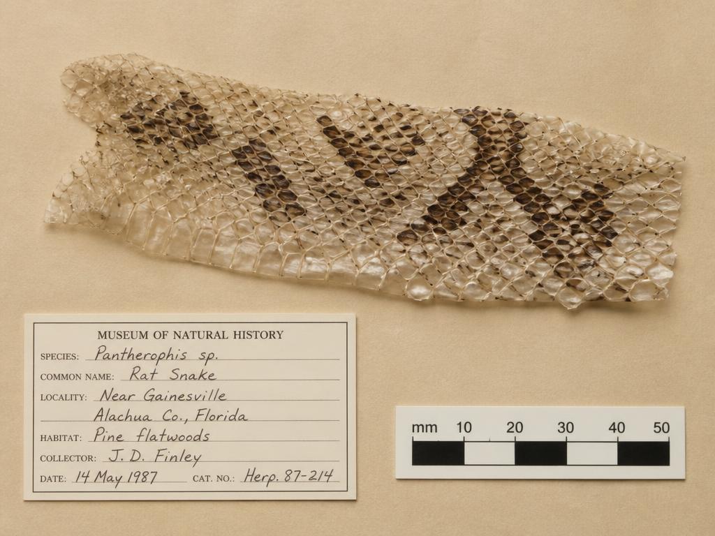 Shed rat snake skin on an archival specimen sheet